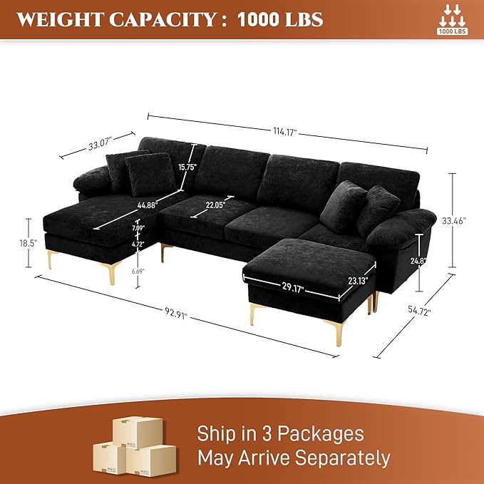OUYESSIR U-Shaped Sectional Sofa Couch 4 Seat Sofa Set for Living Room Convertible L-Shaped Velvet Couch Set with Chaise Lounge Ottoman and Pillows114 inches (Black)