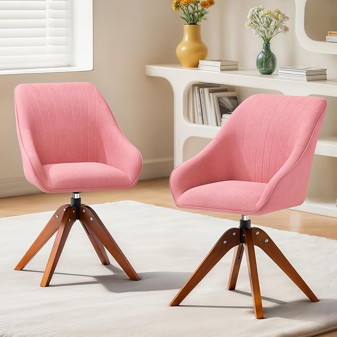 Magshion Mid Century Swivel Accent Chair Set of 2 360° Rotating Fabric Armchair with Oak Wood Legs Modern Reading Chair for Living Room Bedroom Office or Study Pink