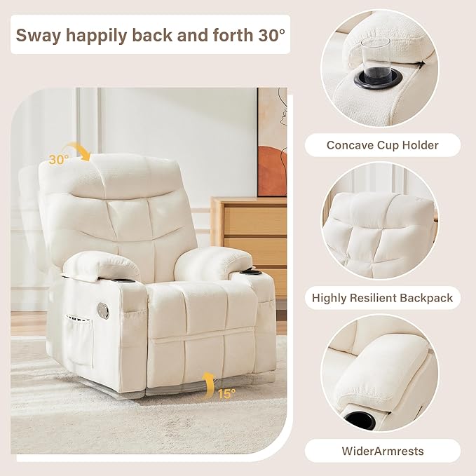 360°Swivel Rocker Recliner ChairRocking Recliner Chair with Adjustable Backrest for AdultsUpholstered Fabric Rocking Chair Swivel for BedroomLiving RoomWhite