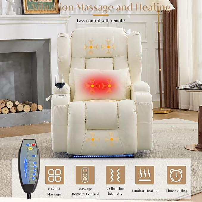 Wall Hugger Power Recliner Chair with Massage &amp Heat Electric Home Theater Reclining Chair with Cup Holder USB Port LED Light Faux Leather Living Room Chair (Beige White Single)