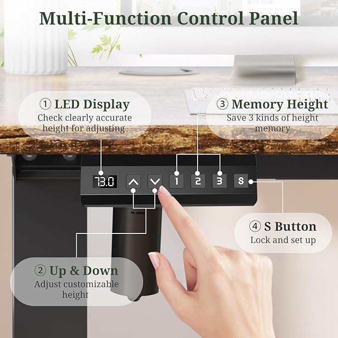 55 x 24 in Electric Standing Desk - Memory Height Adjustable Ergonomic Sit-to-Stand Rising Computer Table Gaming Workstations with 2 Hooks and Wire Hole for Home Office Brown