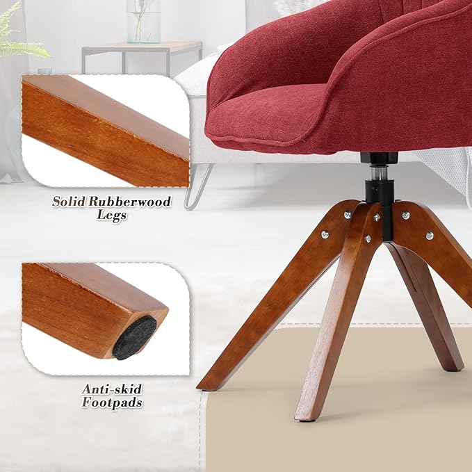 Athena Collection Swivel Modern Accent Chair Linen Upholstered Armchair Office Desk Chair No Wheels with Wooden Legs Comfy Vanity Chair Reading Chair for Bedroom Living Room Office Red