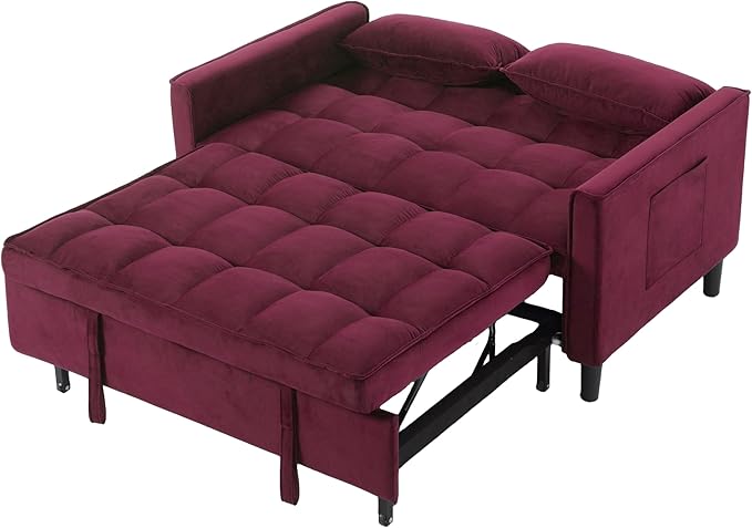 3 in 1 Convertible Sofa Bed Love Seat Sleeper Bed with Side Pockets Velvet Fabric Pull Out Couch with Adjustable Backrest for Living Room Bedroom Apartment Purplish-Red