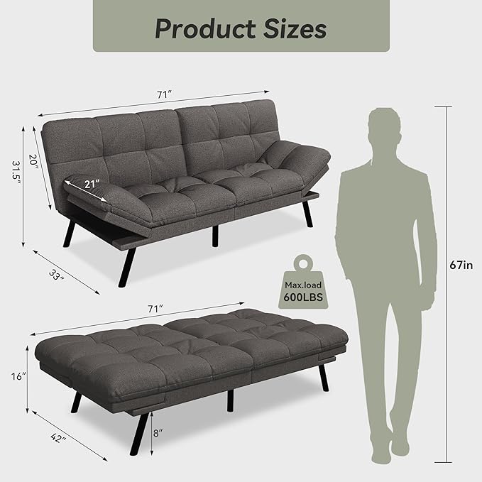 Convertible Futon Sofa BedGrey Linen Modern Futon CouchMemory Foam Loveseat Sleeper ReclinerDetachable CushionAdjustable Backrest &amp ArmrestCouch for Living RoomOfficeApartment