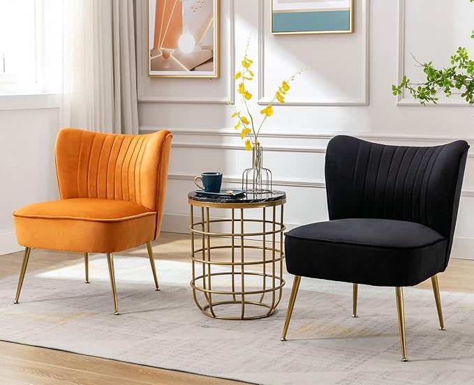 Black Velvet Accent Chairs Set of 2 with Golden Legs Upholstered Side Chairs Mid-Century Modern Slipper Chairs for Guest Room Comfy Armless Wingback Corner Single Sofa Living Room Chairs