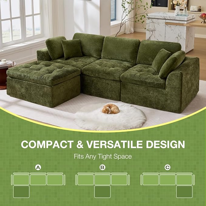110 Cloud Sectional Couch for Living Room Upholstered L-Shape Modular Sofa with Movable Ottoman 3-Seater Deep-Seat Foam Couch Comfortable Convertible Sectional for Home &amp Apartment（Green）