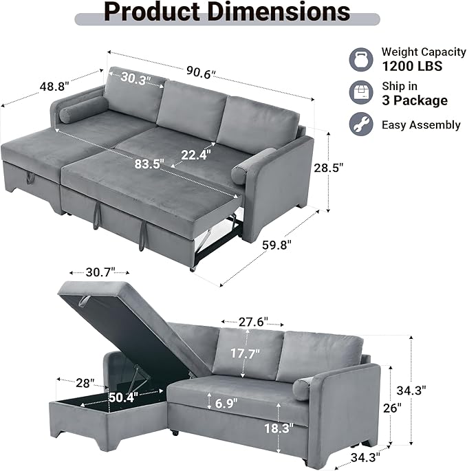 Tbfit 90.6'' 3 in 1 Sleeper Sofa Couch with Storage Chaise Velvet Sofa Bed with Pull Out Bed Convertible Sleeper Sofas for Living Room Small Spaces Grey
