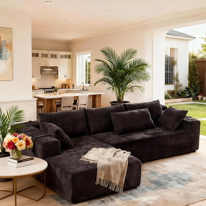 108 Modular Sectional Couch Sofa with L-Shape Chaise &amp 6 Pillows Modern Cloud Comfy Sofa with Deep Seat Upholstered Couches for Living Room Bedroom No Assembly Required (Black)