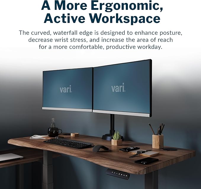 Vari Ergo 54x26 Electric Standing Desk – Height Adjustable Sit Stand VariDesk + Curved Waterfall Edge 4 Memory Settings Quick Assembly Cable Management 200 lb Capacity – Walnut (2 Boxes)