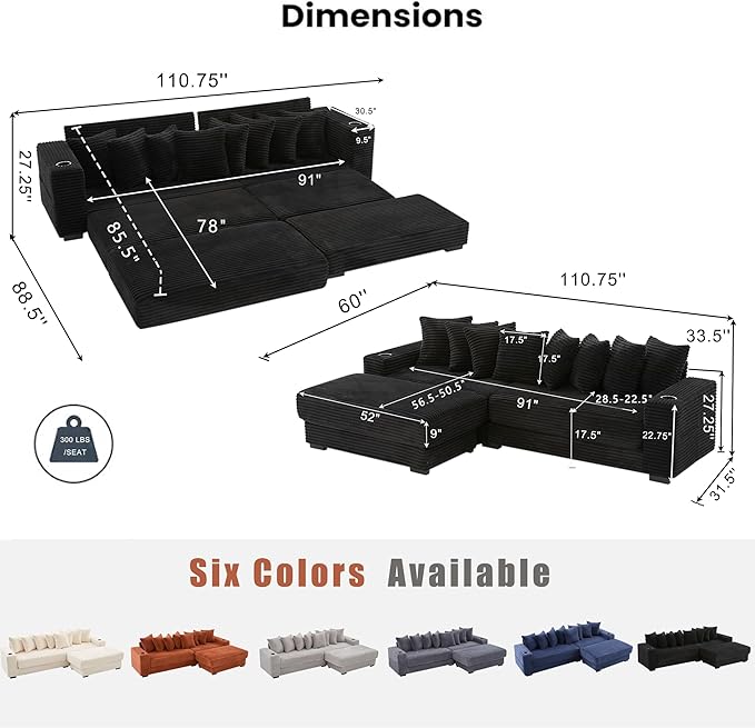 Oversized L-Shaped Modular Sectional Sofa Couch with 8 Pillows Convertible Corduroy Sleeper Sofa Bed with Cupholders &amp Storage Pockets Cloud Couch with Movable Ottoman for Living Room Black