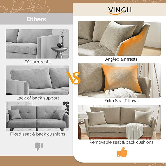 VINGLI 63.5 W Comfy Small Upholstery Love Seat Couch with Soild Rubber Wood Frame 2 Seater Mid Century Linen Fabric Loveseat Sofa Mini Couch with Two Pillows for Small Spaces Bedroom Khaki
