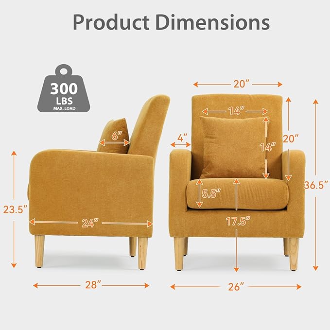 Upholstered Sofa Chair with Pillow Fabric Accent Armchair with Wooden Legs Comfy Lounge Chair for Living Room Bedroom or Office Supports up to 300 lbs (Yellow)