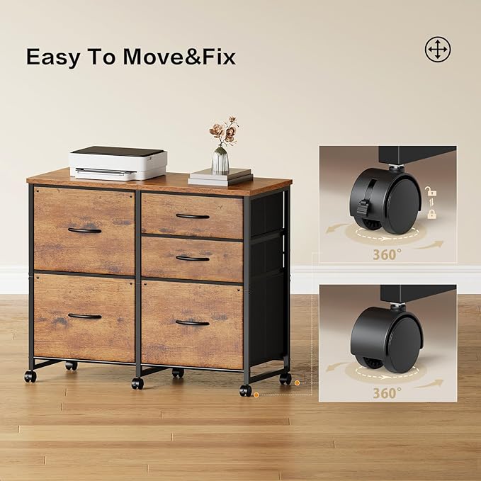 Lateral File Cabinet with 5 Drawers Rolling Filing Cabinets Under Desk Storage Printer Stand with WheelsMobile File Cabinet for Home OfficeRustic Brown