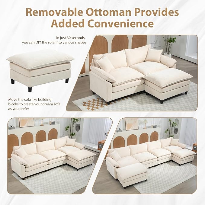 Chenille Modular Sectional Sofa 80'' Comfy Cloud Sofa Couch with Remove Ottoman Large U-Shaped Extra Deep Seat Sofa with Pillows for Living Room DIY Beige