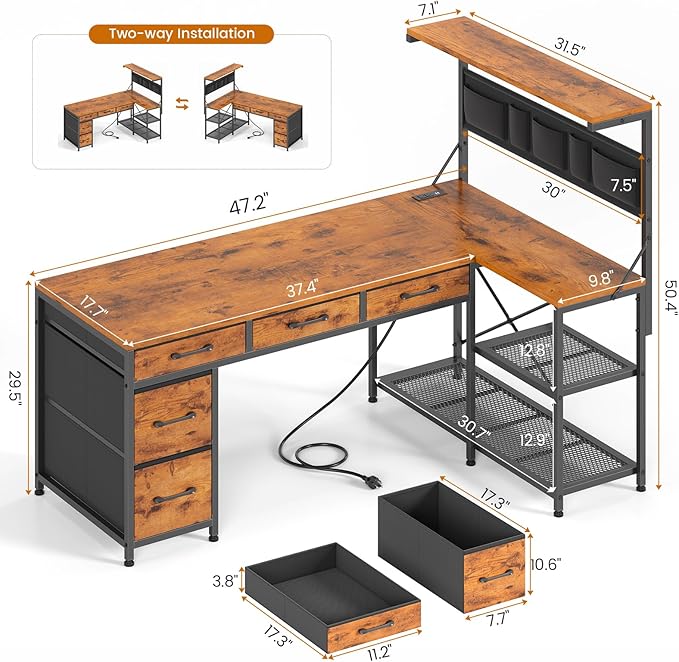SEDETA L Shaped Desk with Drawers and Hutch 47.2 Reversible Office Computer Desk with 5 Fabric Drawers L Shaped Desk with Storage Shelves Power Outlet and LED Lights for Home Office Rustic Brown