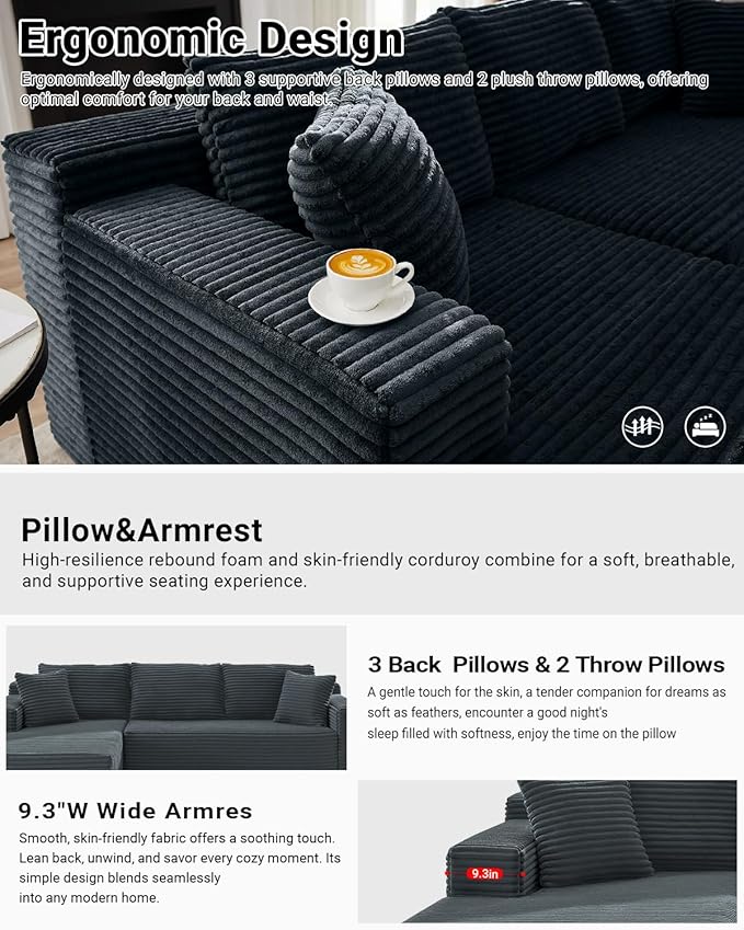 105 Inch Cloud Sectional CouchModern Modular Sectional Sofa with Deep SeatCorduroy Boneless Couches with L-Shape Chaise for Living Room BedroomNo Assembly Required (Dark Grey Left Facing Chaise)