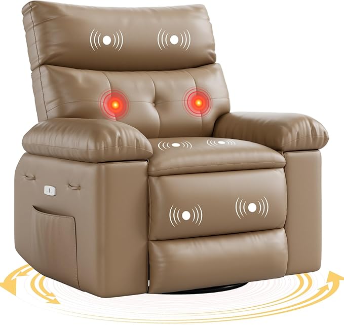 GarveeHome Electric Swivel Massage Chair Power Rocking Recliner with Vibration and Heating Overstuffed PU Leather Single Sofa with USB Port and Storage Glider for Living Room Nursery