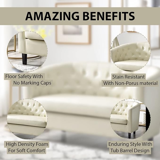 Emma Modern Loveseat Sofa – Faux Leather Love Seat Couch with Plush Cushions Solid Wood Frame Button-Tufted Design Stain-Proof Upholstery Small Loveseat for Bedroom Office &amp Small Spaces