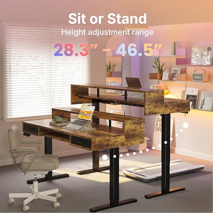 HUANUO 48″ x 26″ Electric Standing Desk with 2 Drawers &amp24.4″ Large Keyboard Tray C-Clamp Mount Compatible Adjustable Computer Desk for Office Sit Stand Up Desk with 4 Height Presets Vintage B