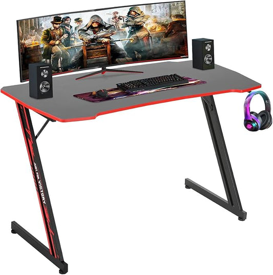 BestOffice Gmaing Desk Z Shaped 47 inch PC Computer Desk Computer Workstation Ergonomic Gaming Table with Headphone Hook for Game Players Red