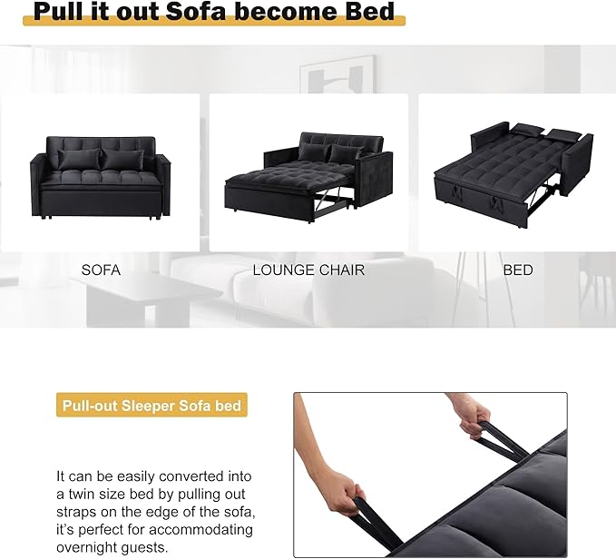 Convertible Sofa Bed Pull Out Sofa Bed with Adjustable Backrest 3 in 1 Velvet Fabric Loveseat Sleeper Sofa Bed Couch with Side Pockets for Living Room Bedroom Apartment Black