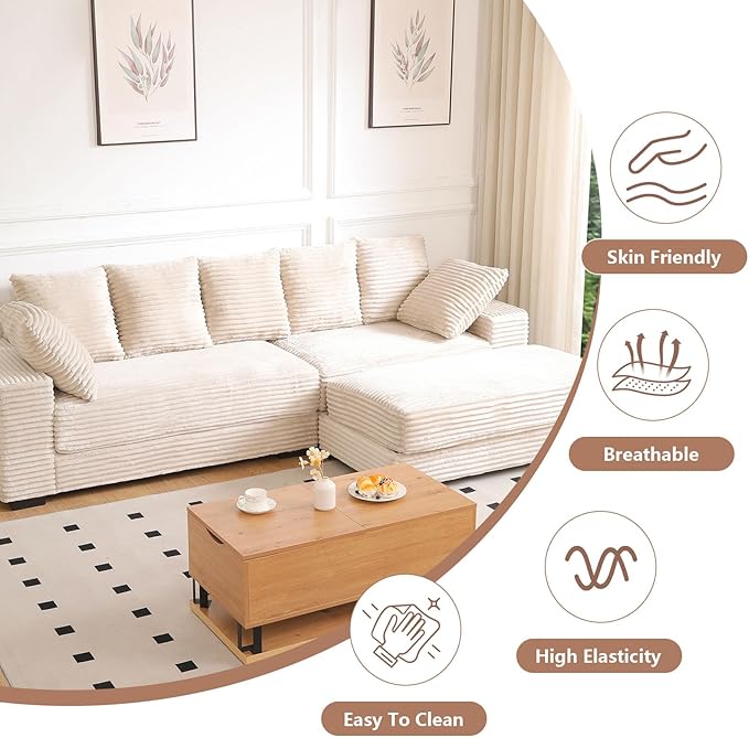 108 Oversized Sectional Sofa Modular Deep Seat Sofa Couch with Storage Ottoman Modern Comfy Upholstered Cloud Couches L-Shaped Corduroy Sofa Chaise with 8 Pillows for Living Room Apartment Beige