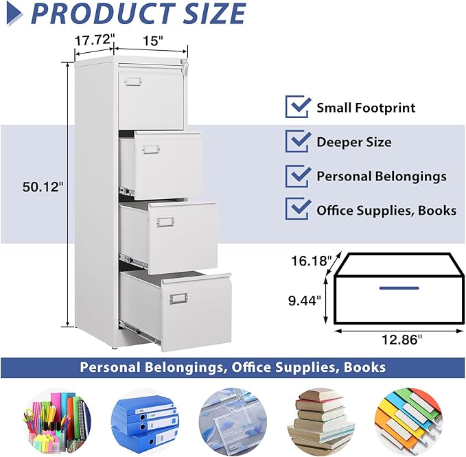 4 Drawer File Cabinet Filing Cabinets for Home Office Metal Vertical File Storage Cabinet with Lock Locking File Cabinet for A4 Legal/Letter 15 W x 17.7 D x 50.1 H Assembly Required