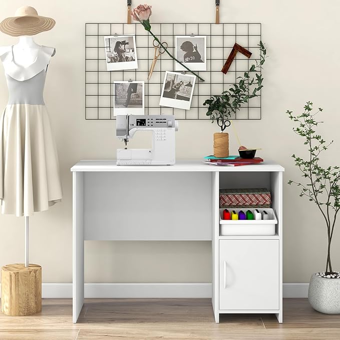 COSTWAY 42” White Home Office Desk Modern Computer Workstation with Open Compartment &amp Cabinet Compact Writing Desk with Cable Holes for Bedroom Study Room Dorm