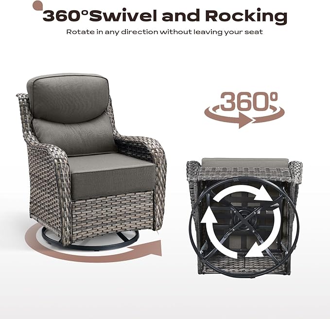 Rilyson Outdoor Swivel Rocker Chairs - All Weather Resistant Wicker Patio Furniture Set of 2 with High Back and 6 inch Thick Cushions for Deck Porch Yard and Poolside Mixed Grey/Grey