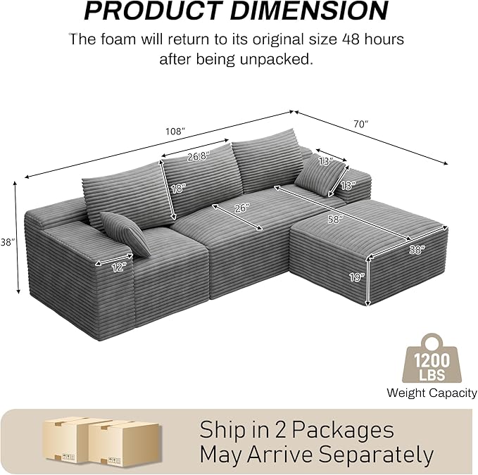 108 Sectional Couches for Living Room Comfy L Shaped Boneless Couches Modern Deep Seat Modular Sofa Cloud Corduroy Couch with Movable Ottoman No Assembly Needed Light Grey