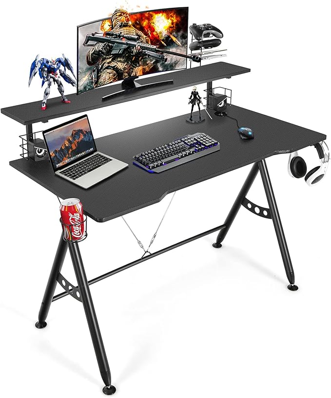 POWERSTONE Ergonomic Computer Gaming Desk Workstation Two Tier Work Writing Table for Home Office with Storage for Monitor Headphone Controller and Speaker Black