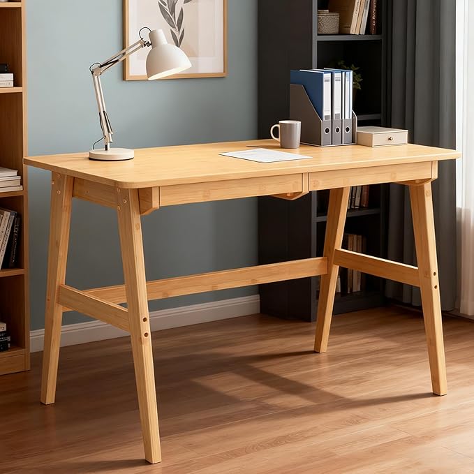 Nnewvante Writing Computer Desk 46 Bamboo Home Office Table with 2 Drawers Modern Furniture Simple Study Makeup Workstation