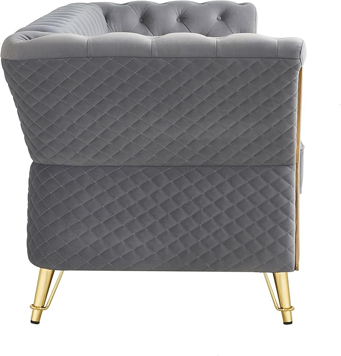 87.4 Modern Tufted Velvet Armchair with Gold Metal Legs and Unique Design of The Arms and Back 3-Seat Sofa Set with Velvet Fabric for Living Room Office Apartment Beige