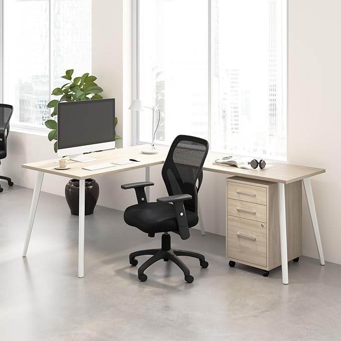 Bush Business Furniture L Shaped Computer Desk 60 inch with 3 Drawer Mobile File Cabinet Gaming Corner Table with Storage for Home Office Vista Collection Modern Beige/White