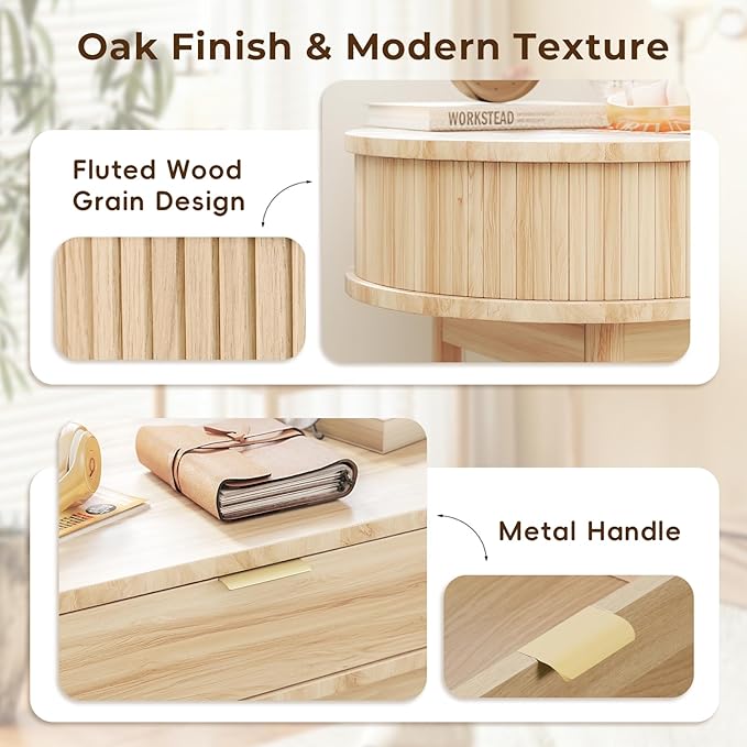 Writing Desk with Drawer 39 Small Computer Desk with Fluted Design Oval Wood Study Table for Small Space Modern Home Office Desk Makeup Vanity Table for Bedroom Oak