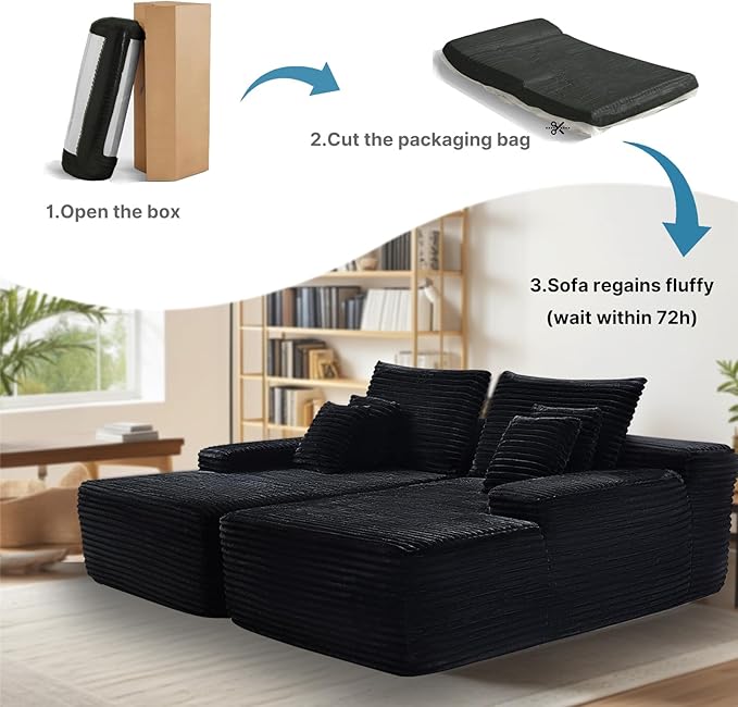 41 Oversized Chaise Lounge Chair Indoor Black Corduroy Boneless Sofa Bed Comfy Cloud Couch Sectional Couches for Living Room Bedroom No Assembly(Left)