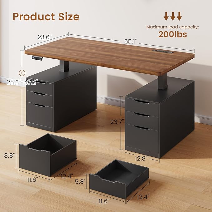 SEDETA Electric Standing Desk with 6 Drawers 55 Adjustable Stand up Desk with Storage Computer Desks with Power Outlets for Home Office Black