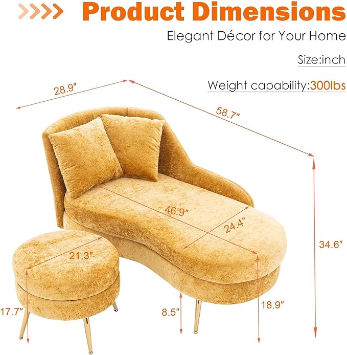 Chaise Lounge Chair Indoor Chenille Upholstered Chair with Left Armrest &amp Pillow Modern Lounge Chairs Sofa with Footstool for Living Room Bedroom Office (Yellow)