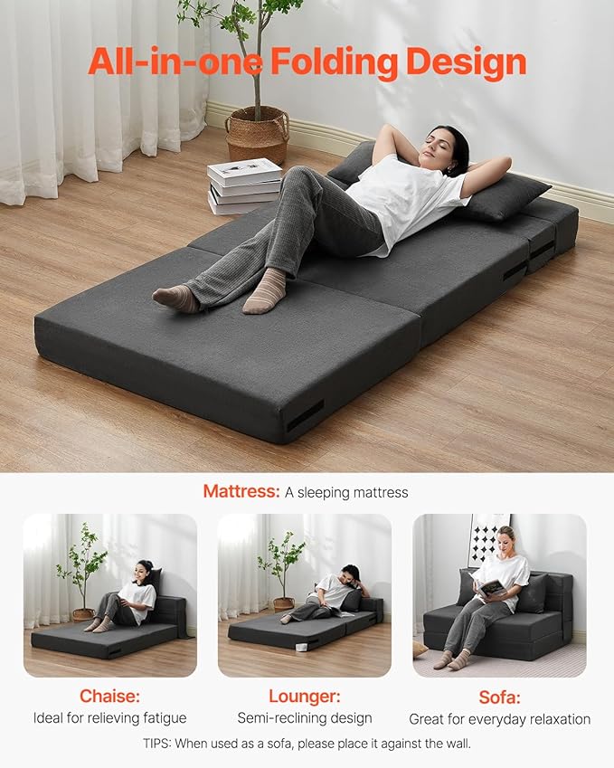 VEVOR Folding Sofa Bed 3-in-1 Foldable Couch Bed with 2 Pillows and Washable Cover 25D High Density Memory Foam Convertible Sleeper Chair Bed Futon Couch for Living Room Bedroom Dark Grey(Twin)