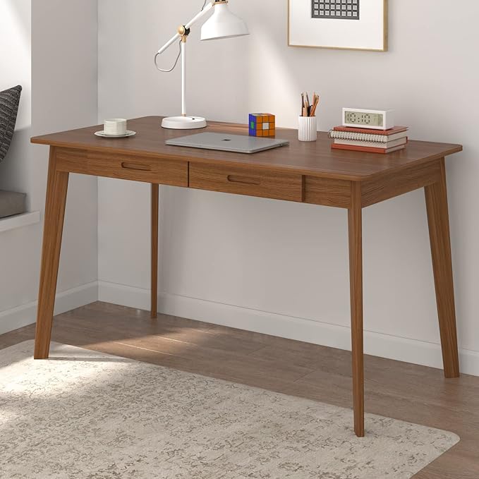 ECACAD Computer Desk with 2 Drawers 47” Home Office Desk Writing Study Working Table for Bedroom Dark Brown