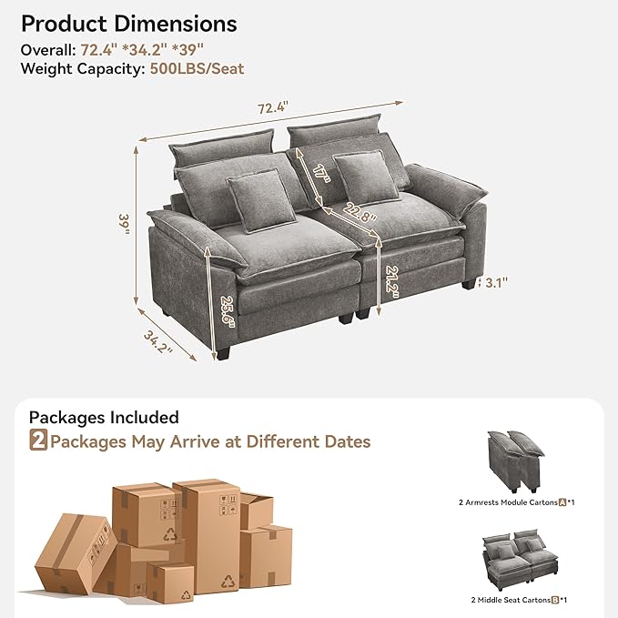 72'' Cloud Modern Loveseat Couch with Detachable Headrest Modular Sectional Sofa Couch Deep Love Seat Oversized 2 Seater Chenille Comfy Sofa with Armrests for Living Room Light Grey