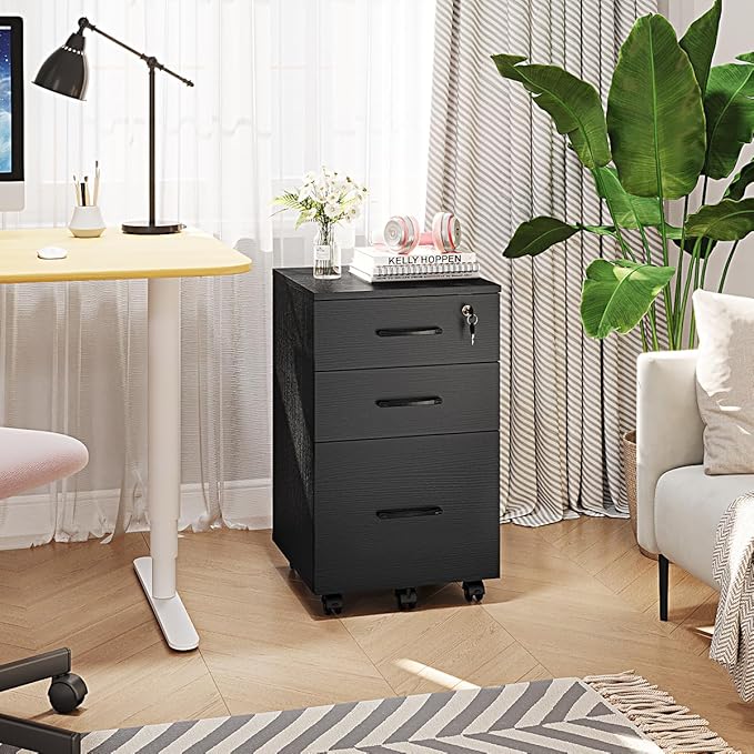 Panana 3 Drawer Wood Mobile File Cabinet Under Desk Storage Drawers Small File Cabinet for Home Office (Black)