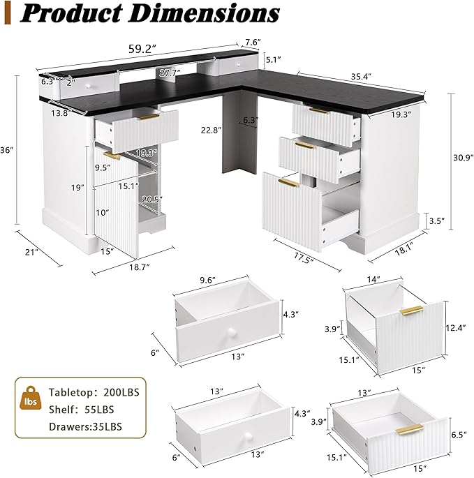 59 Fluted L-Shaped Desk with Charging Station &amp Storage Cabinet Modern Computer Desk with Monitor Stand File Drawer and Removable Support Shelf for Study Home Office White