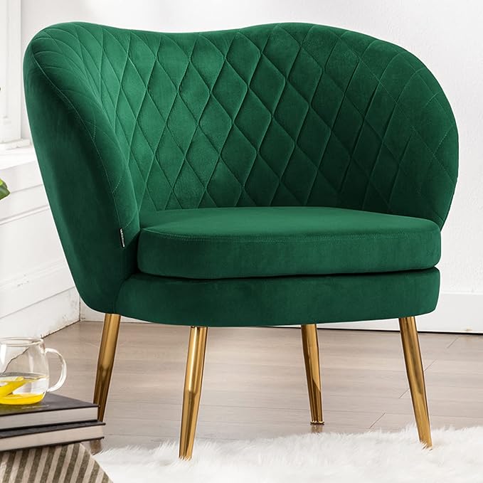 DUHOME Velvet Accent Chair with Barrel Backrest Upholstered Armchair Single Sofa for Living Room Bedroom Dining Room Dark Green