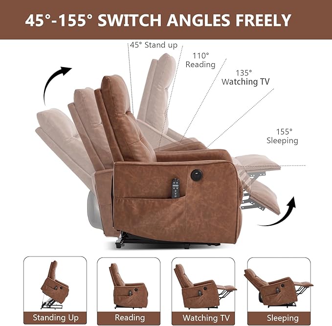 Small Power Lift Chair Recliner for Elderly Petite Power Recliner Chair with Massage and Heat | USB | High Back | Push Button | Side Pockets Liviing Room Easy Assembly (PU Leather Light Brown)