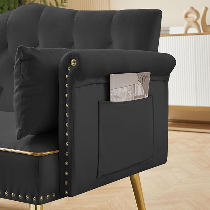 KEIKI 55 Velvet Loveseats Sleeper Sofa with 2 Arm Pocket and 4 Solid Metal Legs Modern Style 2-Seater Couch with Tufted Back and Seat Easy Assembly for Apartment Living Room and Bedroom Black