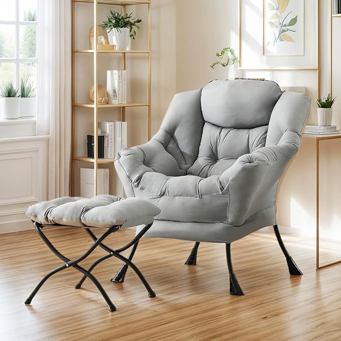 Lazy Chair with Ottoman Large Light Grey Accent Chair with Ottoman Comfy Reading Armchair Leisure Sofa Chair for Living Room Bedroom Dorm Room Office