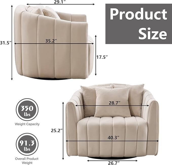 Modern Accent Chair with 3 PillowsBeige Swivel Barrel Chairs for Living RoomOversized Barrel Chair 360 (Beige + Velvet)