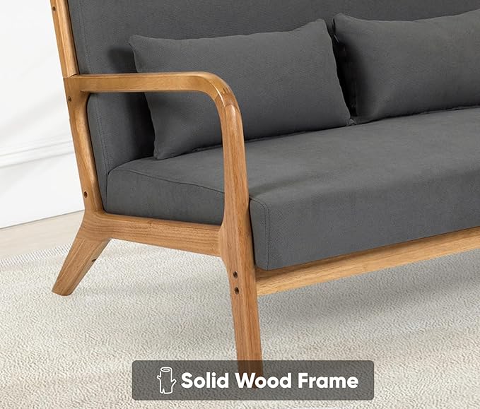 JOYBASE Loveseat Sofa for Small Space Mid-Century Modern Wood Love Seat Couch Sofa with Armrests for Living Room Apartment Office Bedroom (Dark Grey Fabric)