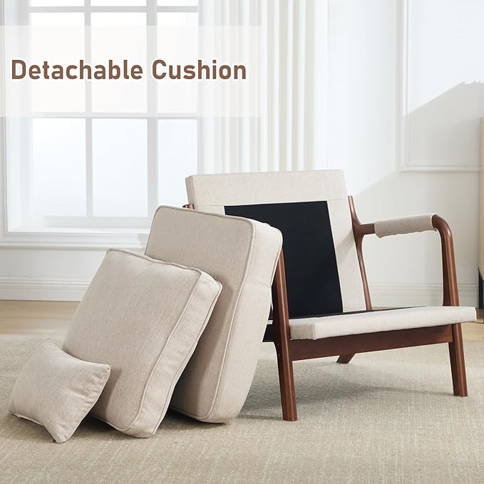 ANJ Mid Century Modern Accent Chair Lounge Reading Armchair with Extra Side Pocket &amp Detachable Cushion Comfy Fabric Accent Chairs for Living Room BedroomBeige